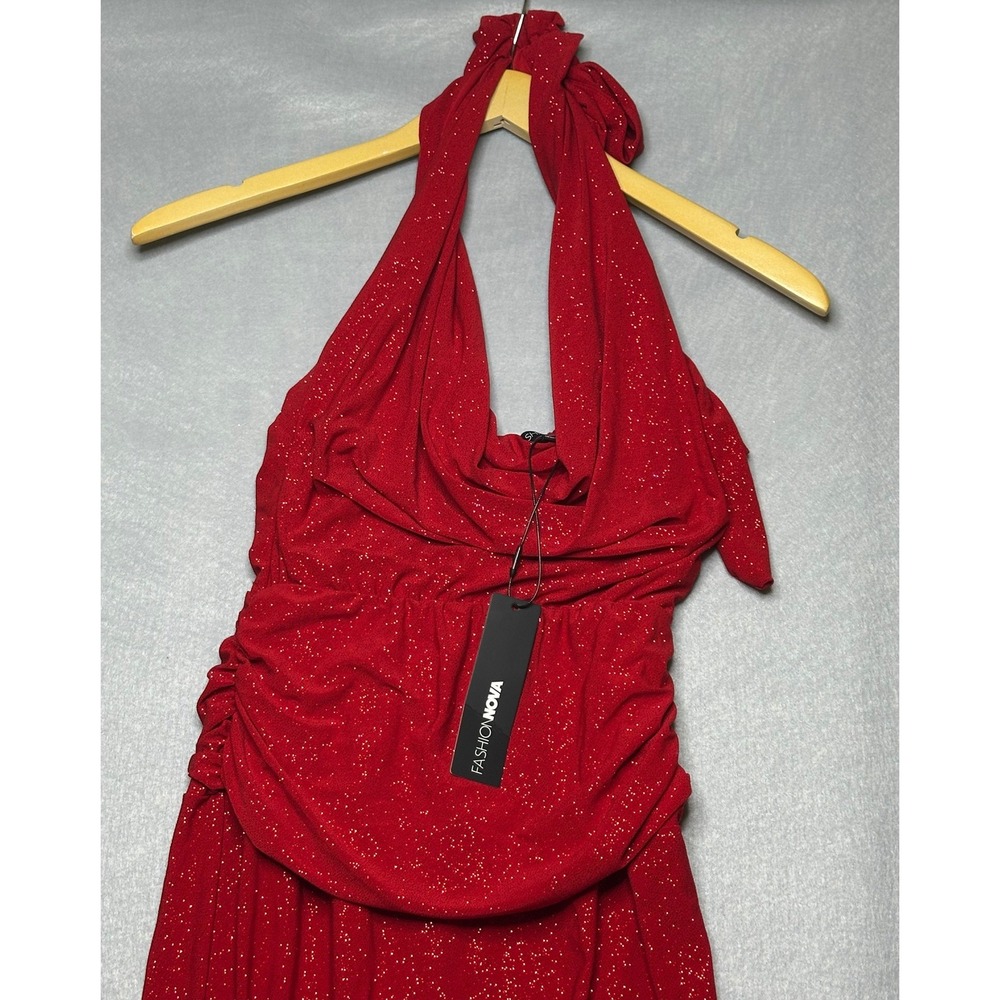 Fashion Nova Women Dress S Red NWT Glitter Halter Cowl Ruched Maxi Glam Formal